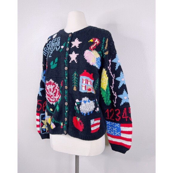 Vintage 90s Eagles Eye Hand Knit Cardigan Sweater Sz. Small School USA Flag Bear - Picture 5 of 6